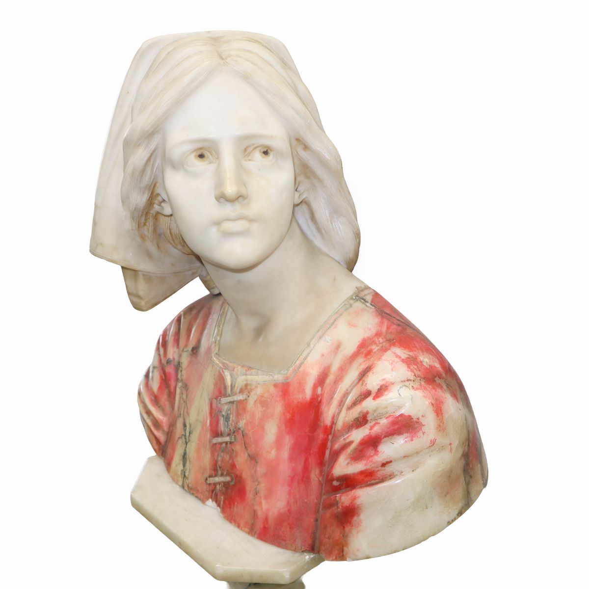 Giovanna D'arco, Mezzobusto Policromo in Alabastro con Supporto a Colonna in Alabastro