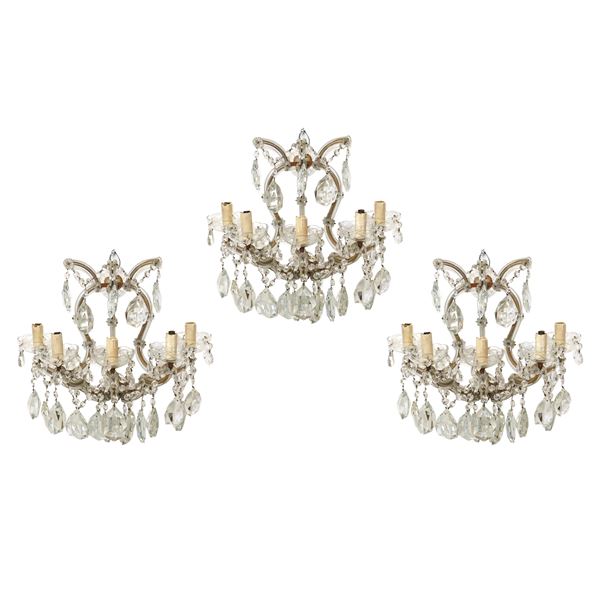 N. 3 glass appliques, Maria Teresa, with 5 lights with brindoli