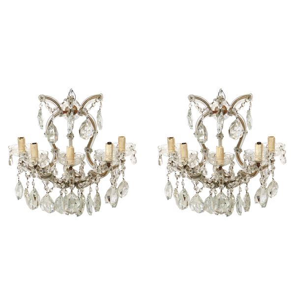 Pair of glass wall sconces, Maria Teresa, with 5 lights with brindoli