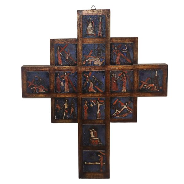 Sebastiano Milluzzo - Croce di legno con applicazioni di smalti su metallo con via crucis