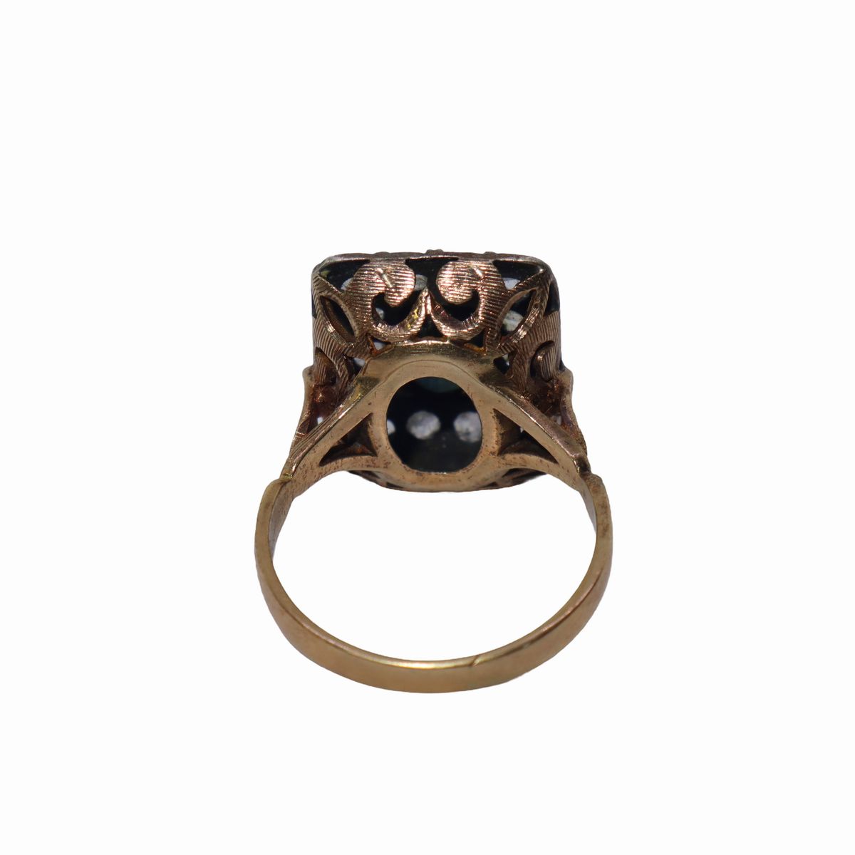 Anello in Oro e Argento con Zaffiro Centrale e Rosette di Diamanti