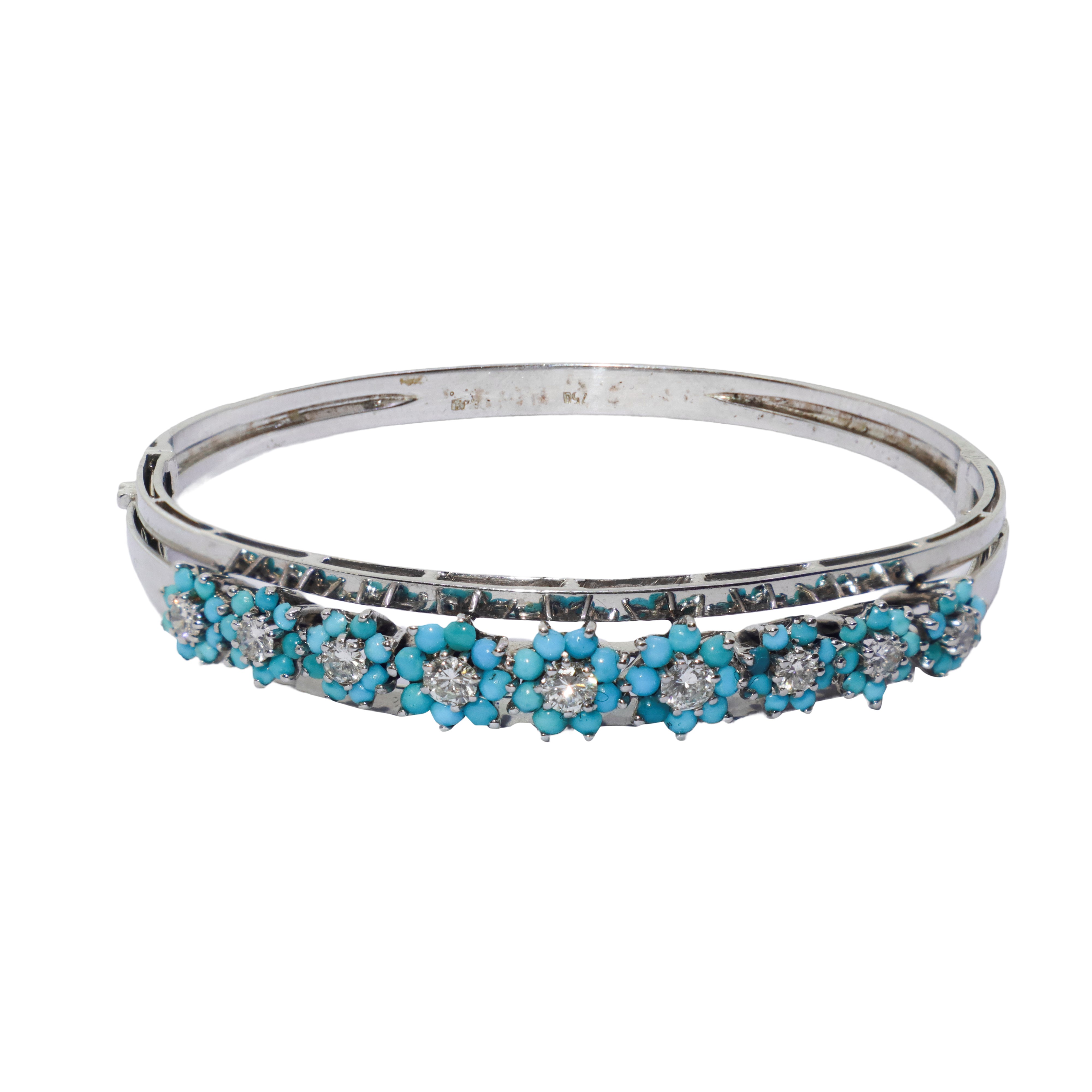 Bracciale in Oro Bianco con Piccole Roselline con al Centro Brillante e Turchesi