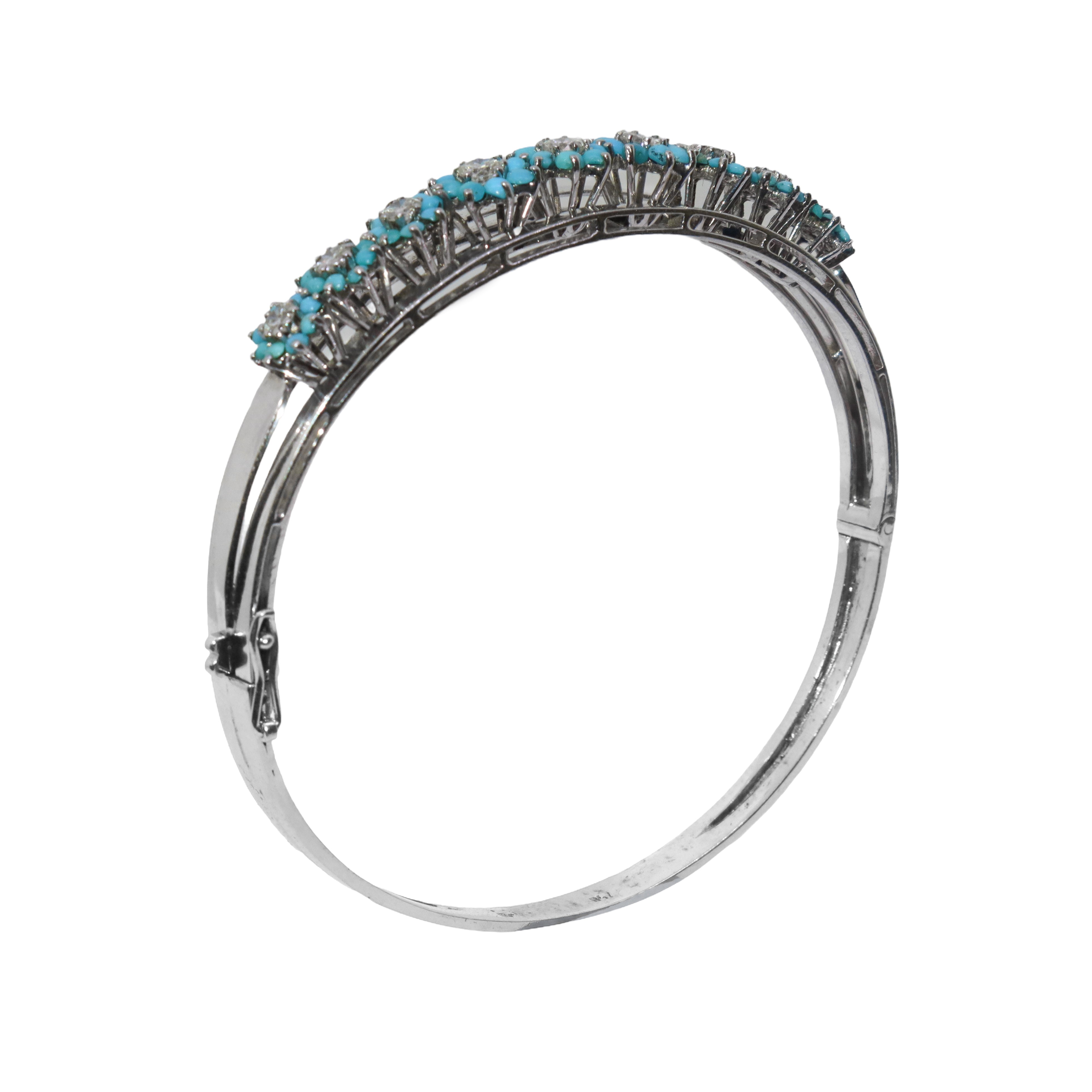 Bracciale in Oro Bianco con Piccole Roselline con al Centro Brillante e Turchesi