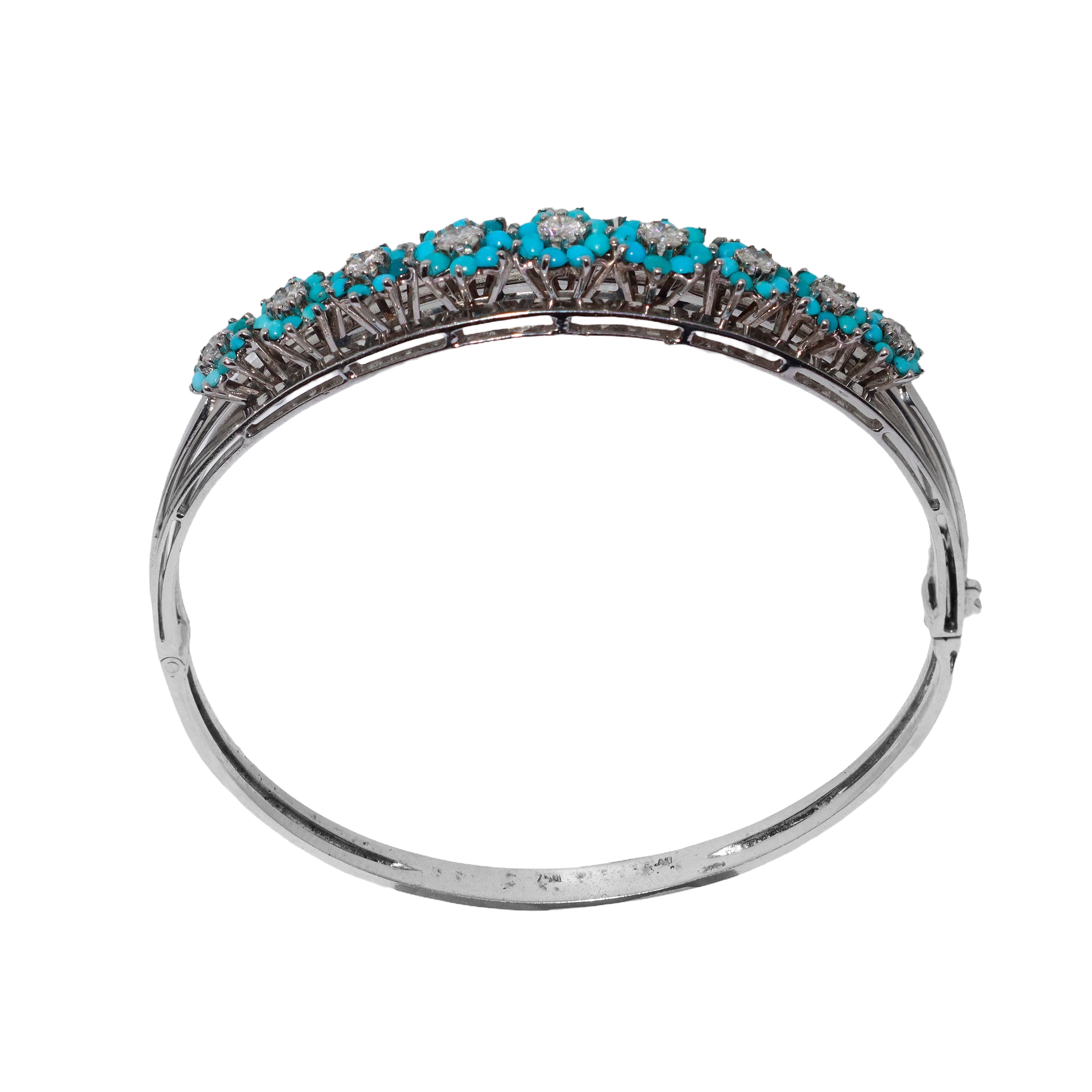 Bracciale in Oro Bianco con Piccole Roselline con al Centro Brillante e Turchesi