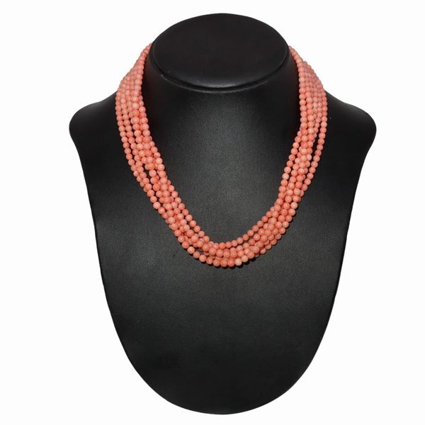 Pink coral necklace with 6 strands and gold susta