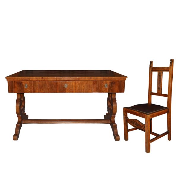 Mahogany writing desk and three chairs