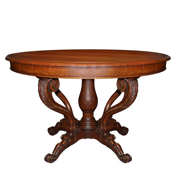 Round table in mahogany wood, basket feet