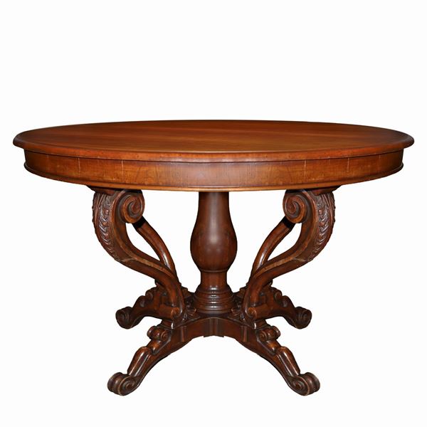 Round Genoese basket table in mahogany wood, 4-spoke legs with column in the center