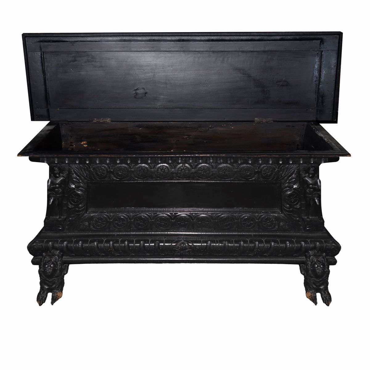 Cassapanca Neorinascimentale in Legno Nero Ebanizzato