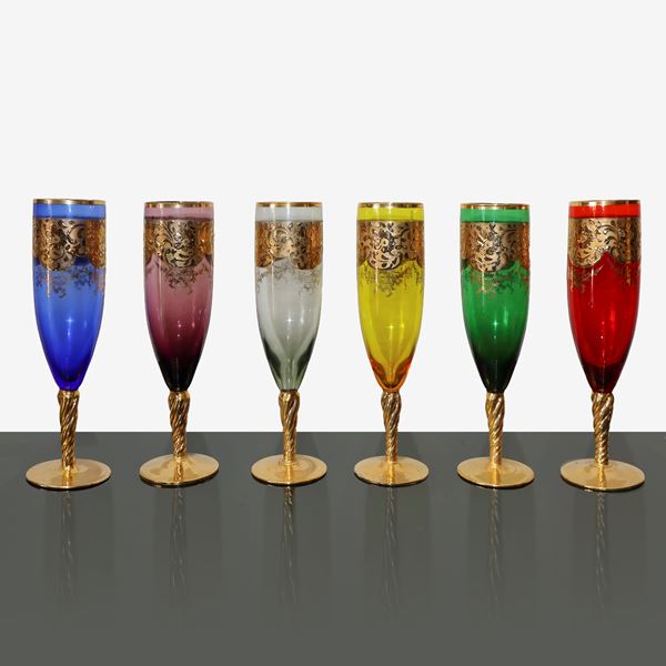 Set of 6 glasses in colored glass