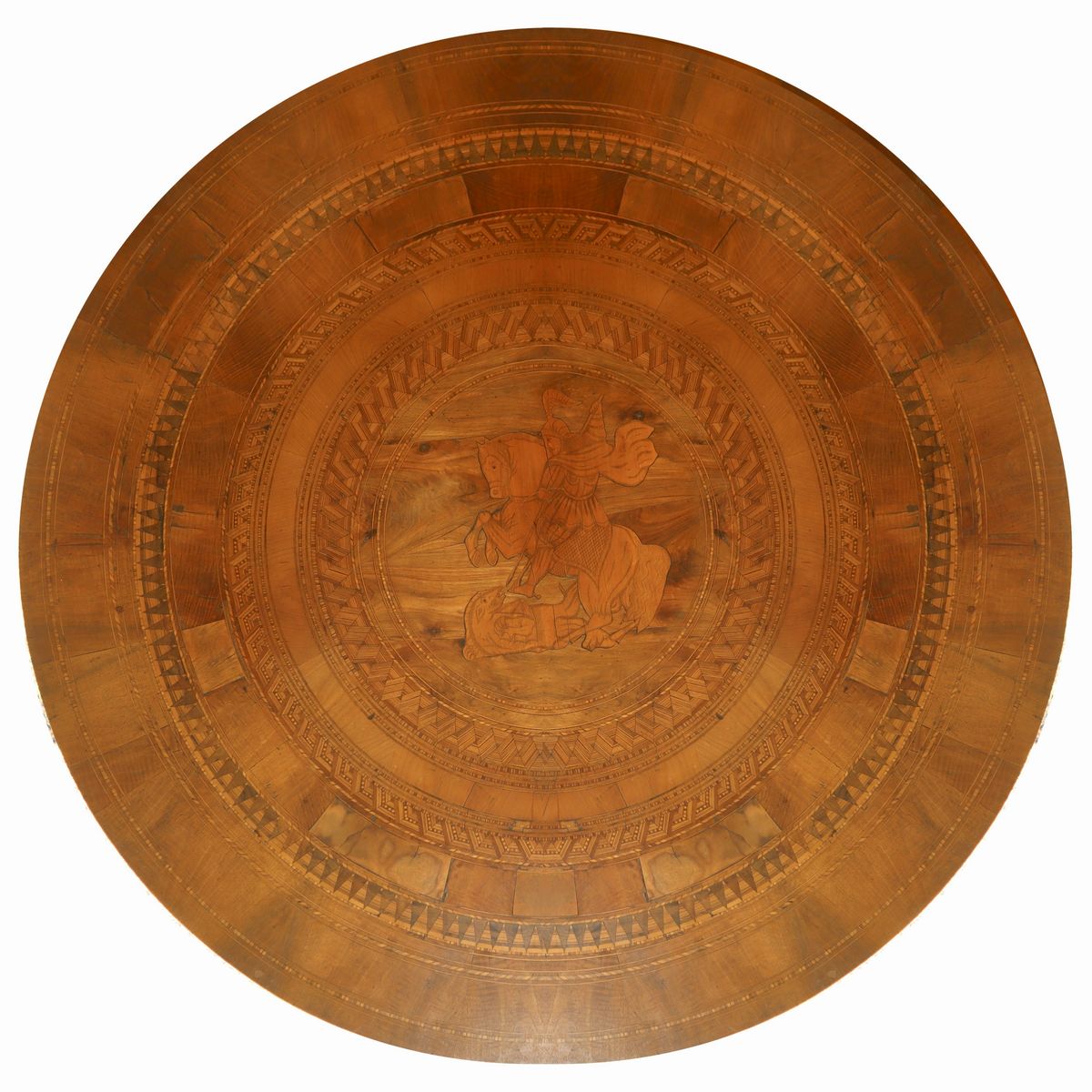Tavolo rotondo, legno di noce, intarsio a motivi circolari con figura di San Giorgio e il Drago, ...