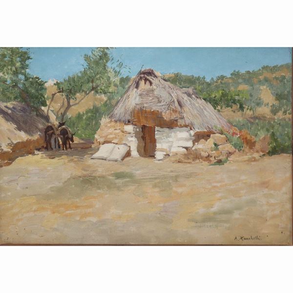 Attilio  Zanchelli - Capanna con coppia di asini