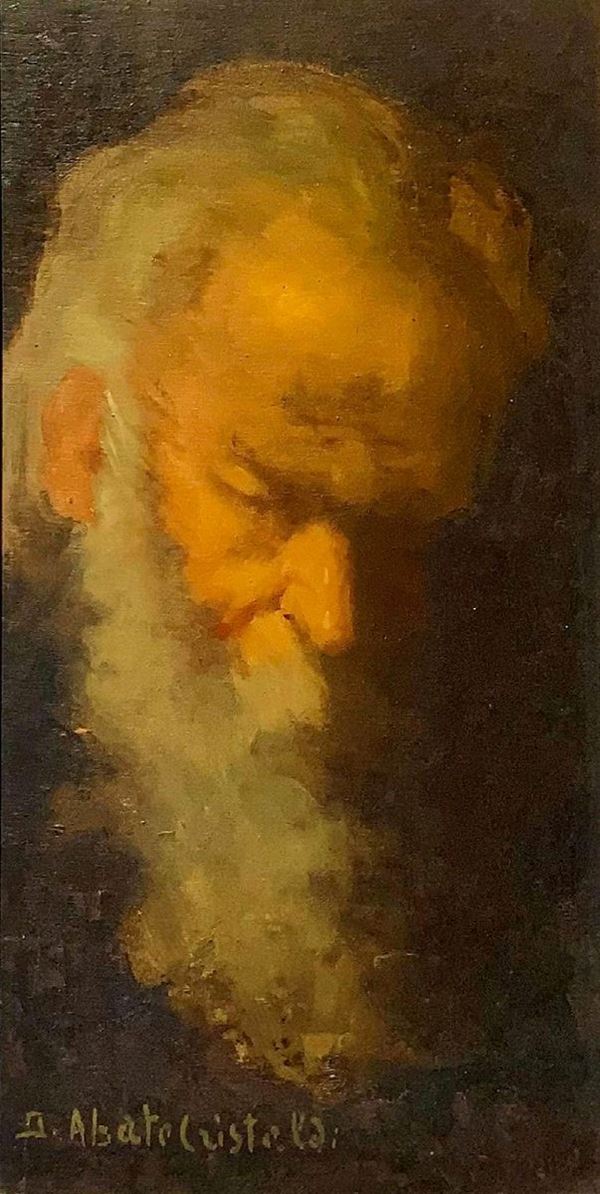 Dipinto ad olio su tavoletta raffigurante vecchio con barba di Domenico Abate Cristaldi (Catania, 1891- Roma, 1949). Cm 35x18. Firmato in basso a sinistra.