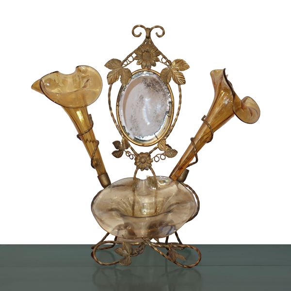 Brass flower holder with mirror and Murano glass glasses