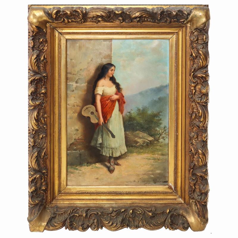 Donna con Chitarra e Paesaggio sullo Sfondo.