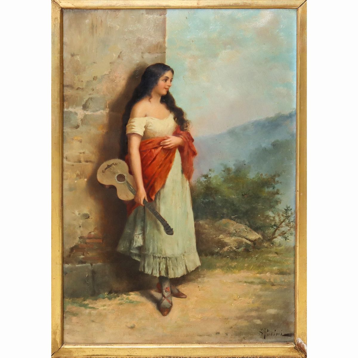 Donna con Chitarra e Paesaggio sullo Sfondo.
