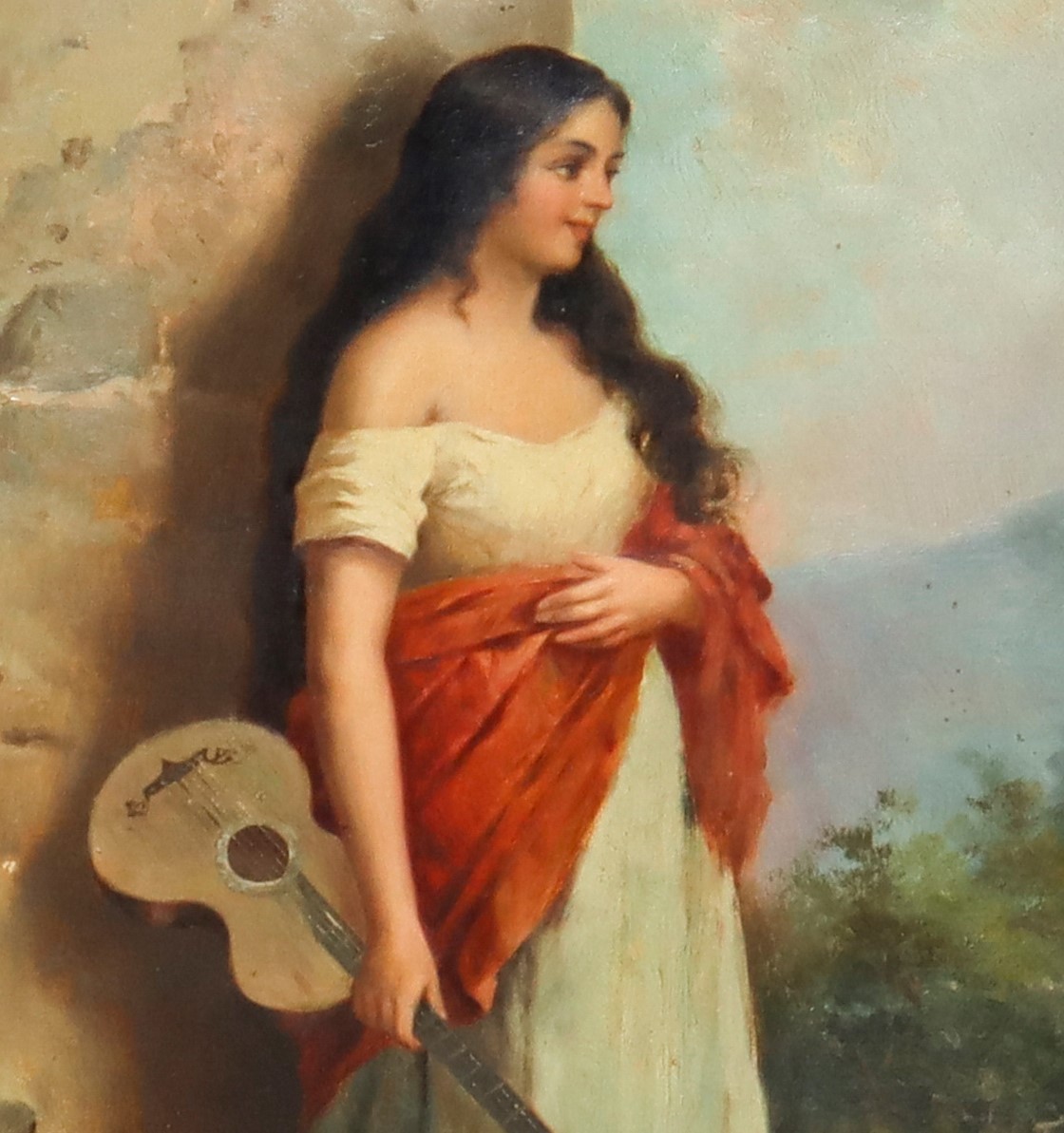 Donna con Chitarra e Paesaggio sullo Sfondo.