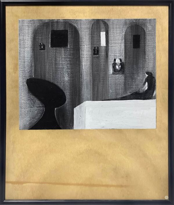 Olio applicato su tavola raffigurante Variation sur un theme de Saenredam, Cesare Peverelli (Milano 1922-Parigi 2000). Cm 27x3, in cornice 50x40, autentica su foto firmata dall’artista