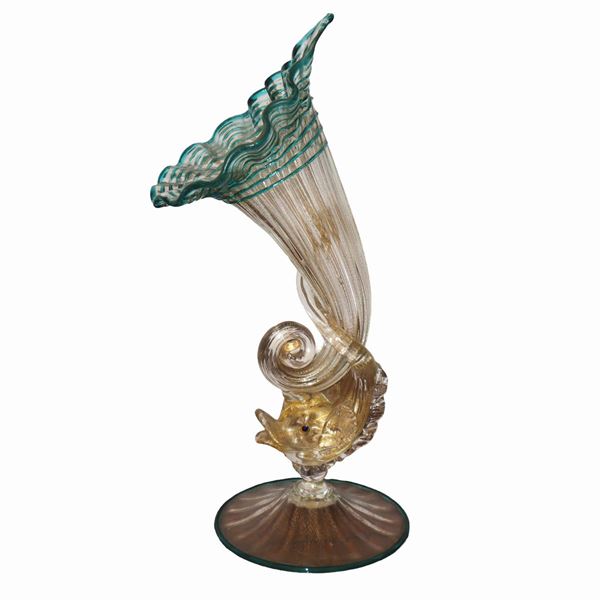 Goblet in Murano glass supported by a triton, Gallantry in glass