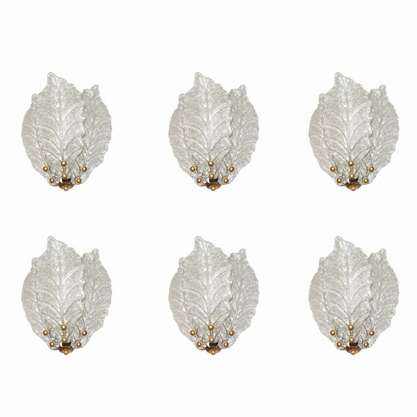 Barovier e Toso - *N. 6 appliques a tre foglie in vetro granigliato di Murano