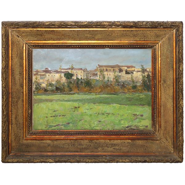 Attilio  Zanchelli - Prato con case