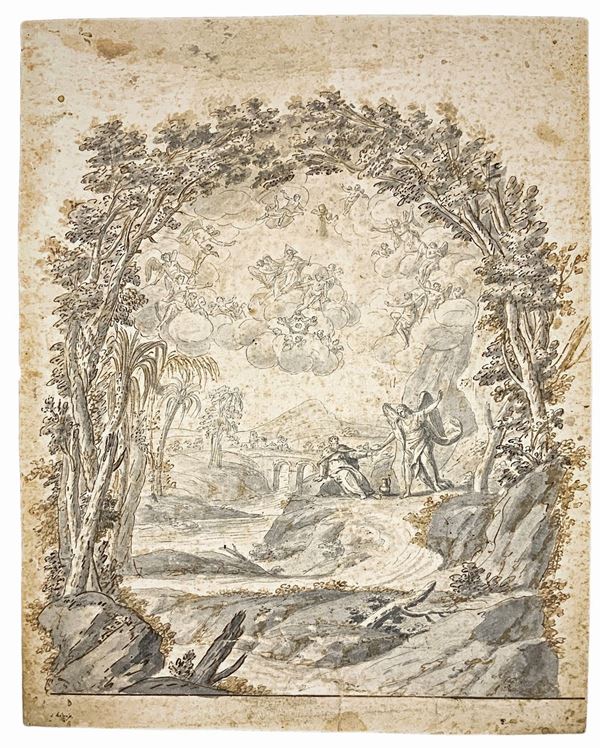 Ink drawing brown and gray ink on old paper vergellata depicting Elijah fed by the angel. allegedly byuted Gaspard Dughet (Rome 1615-1675). Reference to the Basilica Saints Silvetro and Martino ai Monti (Rome), frescoes circa 1640 mm 330x270