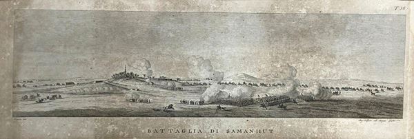Incisione acquaforte in bella cornice in legno di noce tratte dal Viaggio nel basso ed alto Egitto. Illustrato dal. Denon. Firenze, Giuseppe Tofani edizioni, 1808, raffigurante la Tav:58 Battaglia di Samanhut.
370x690mm ( 166x492mm senza cornice) . Vivant Dominique Denon (Chalon-sur-Saône 1747- Paris 1825)
Fu alla corte di Luigi XV dove ebbe diversi incarichi ufficiali per catalogazione e conservazione di beni artistici.
Seguì l’ambasciatore di Francia, il conte Clermont D’Amboise, a Napoli e 