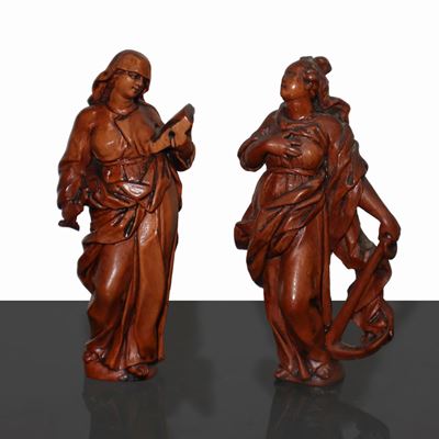 Coppia di Sculture in Legno di Bosso Raffiguranti Santi