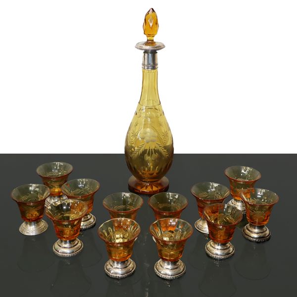 Glass liqueur service in shades of straw and 800 silver