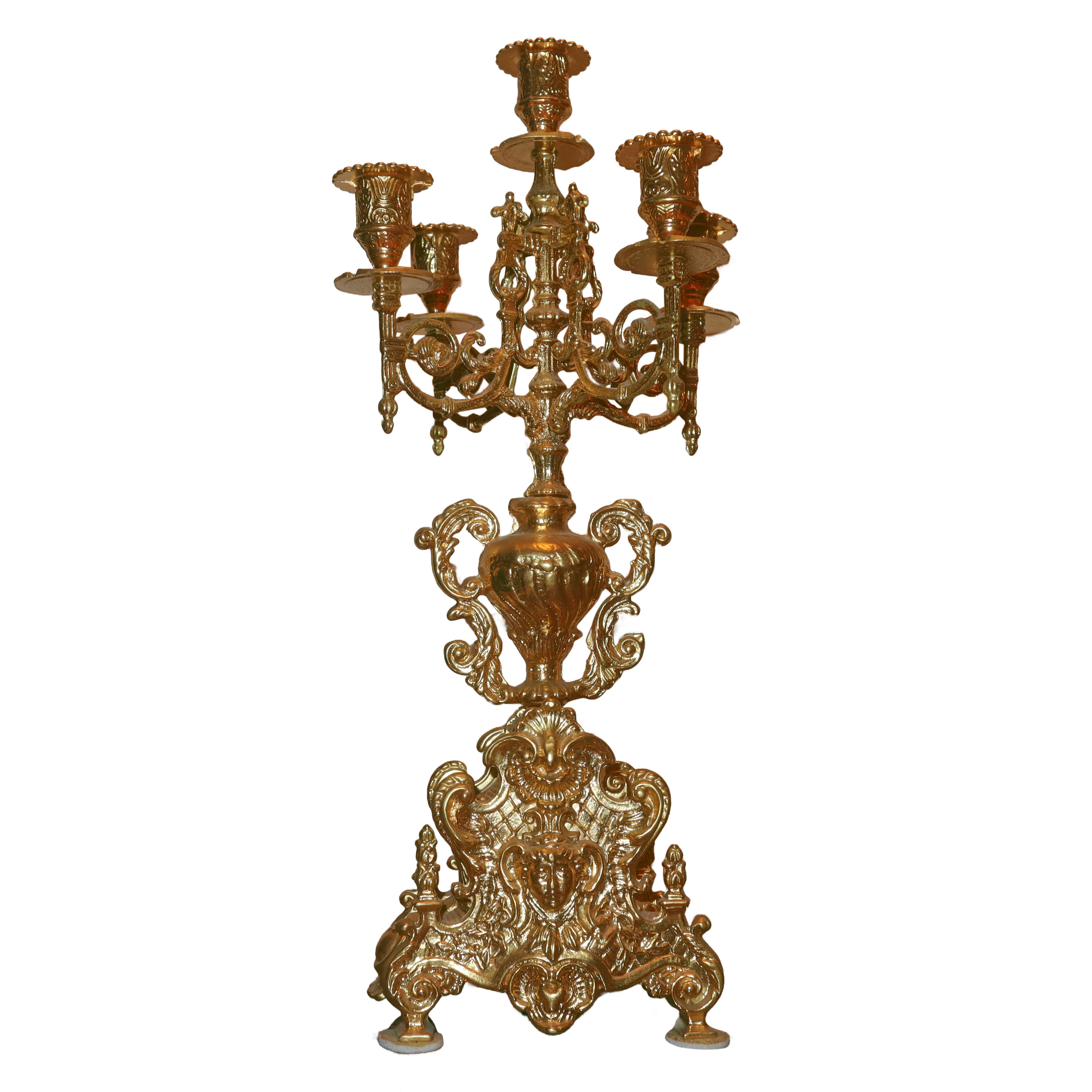 Coppia di candelabri a cinque luci, metallo dorato, stile Luigi XIV (XX secolo)