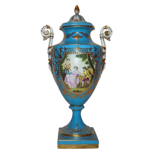 Porcelain poutiche vase with handles, in the Sevres blue style