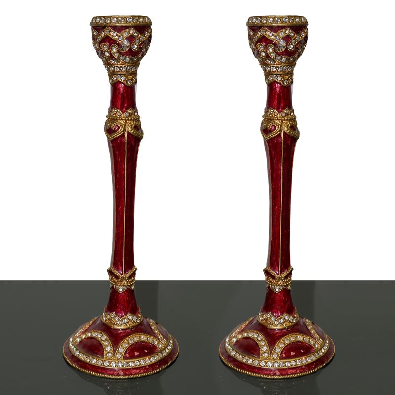 Coppia di Candelieri Monoforo in Metallo Laccato Bordeaux