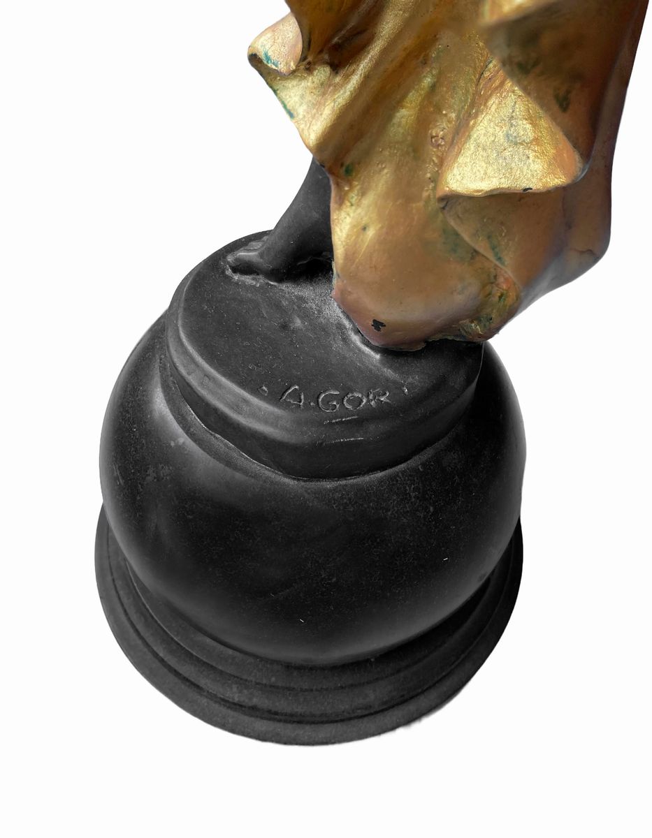 Affortunato Gori - Ballerina con Gonna, Scultura in Bronzo Patinato Nero e Abito in Oro, Base con...