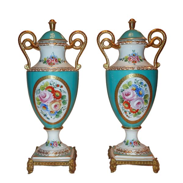 Pair of aqua green and gold porcelain poutiche vases