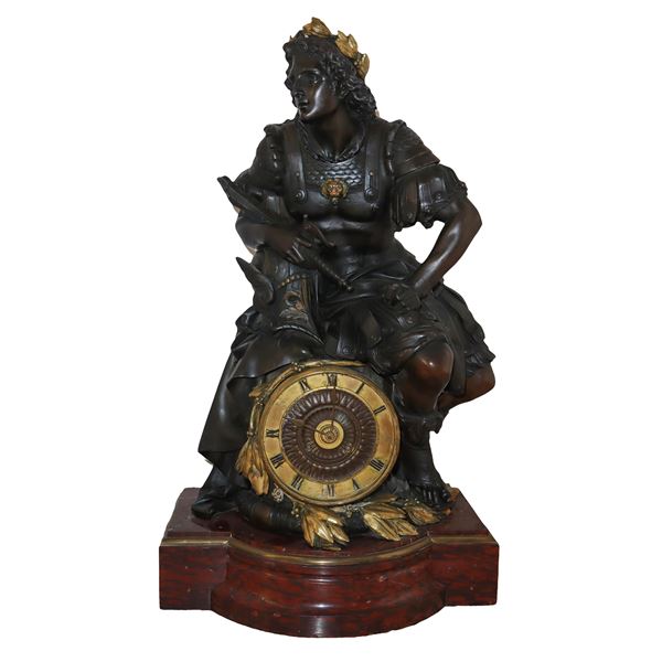 Large brown patinated bronze depicting Alexander the Great with clock