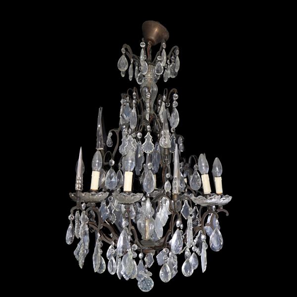 Chandelier with metal structure, hand-cut glass toasts, 8 lights