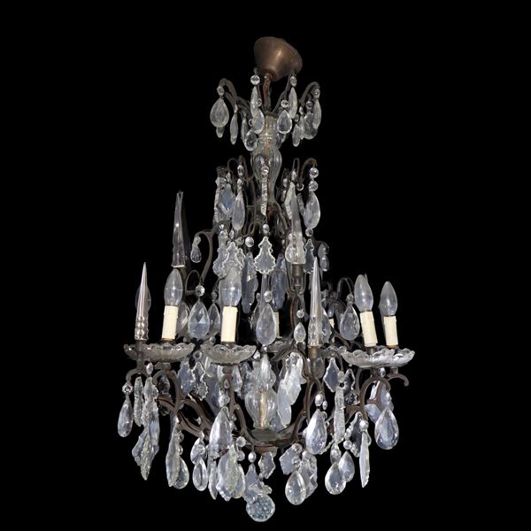 Chandelier with metal structure, hand-cut glass brindoli, 8 lights