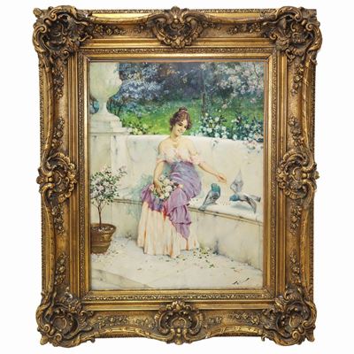 Donna in Giardino con Colombe