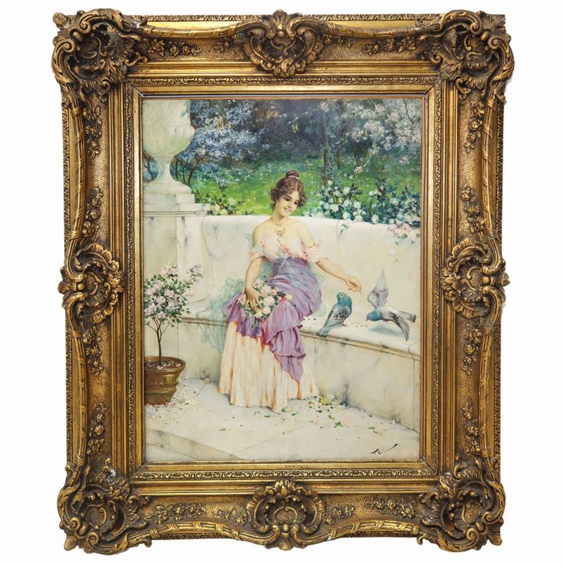 Francesco Oliva - Donna in Giardino con Colombe