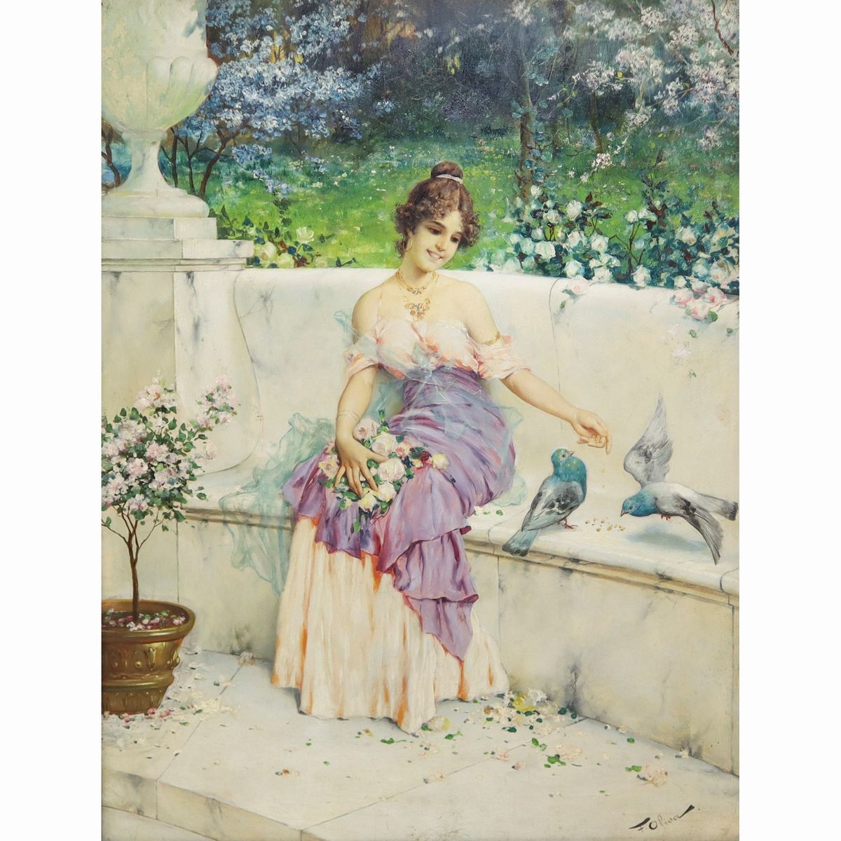 Francesco Oliva - Donna in Giardino con Colombe