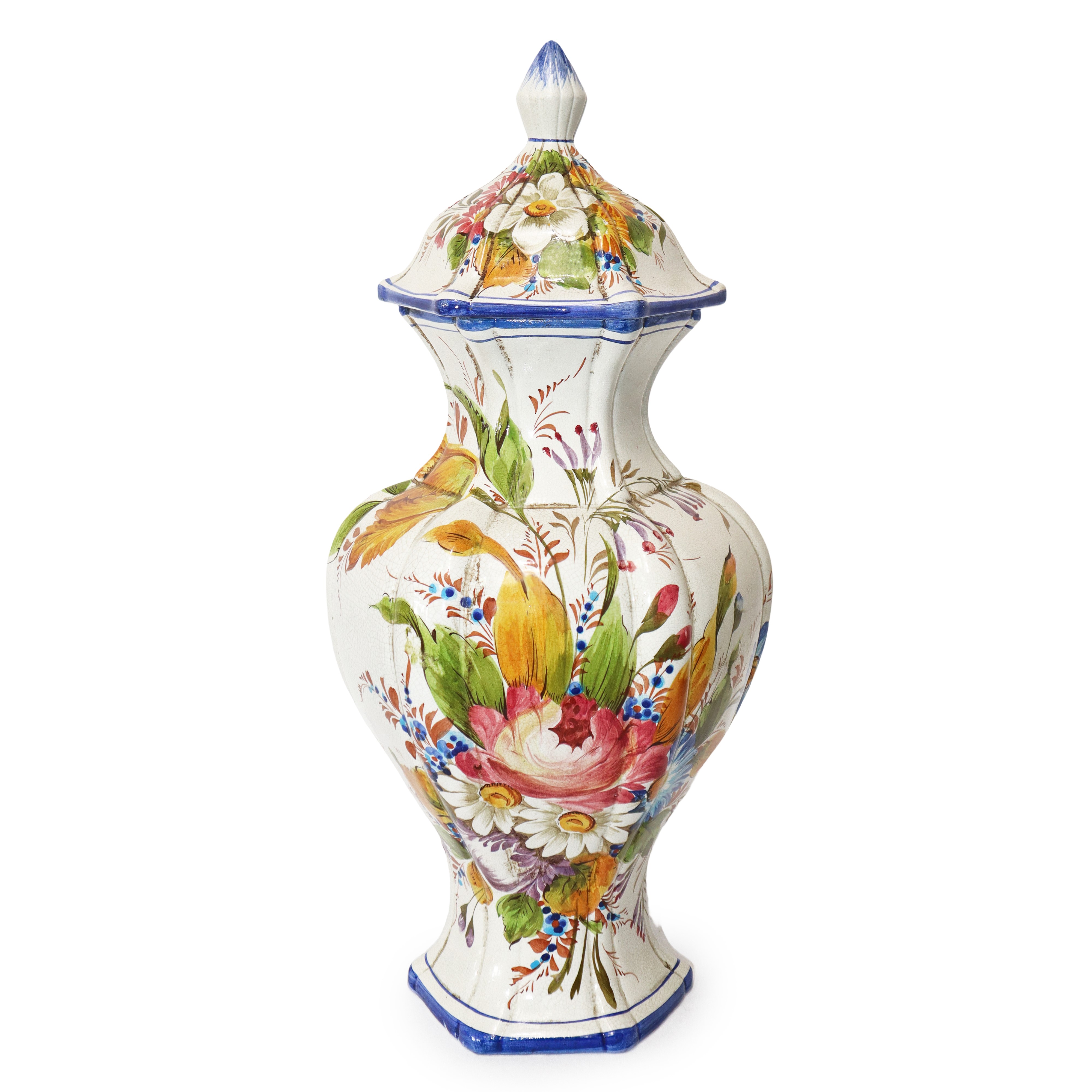 Coppia di Potiche in Ceramica Bianca con Decori Floreali