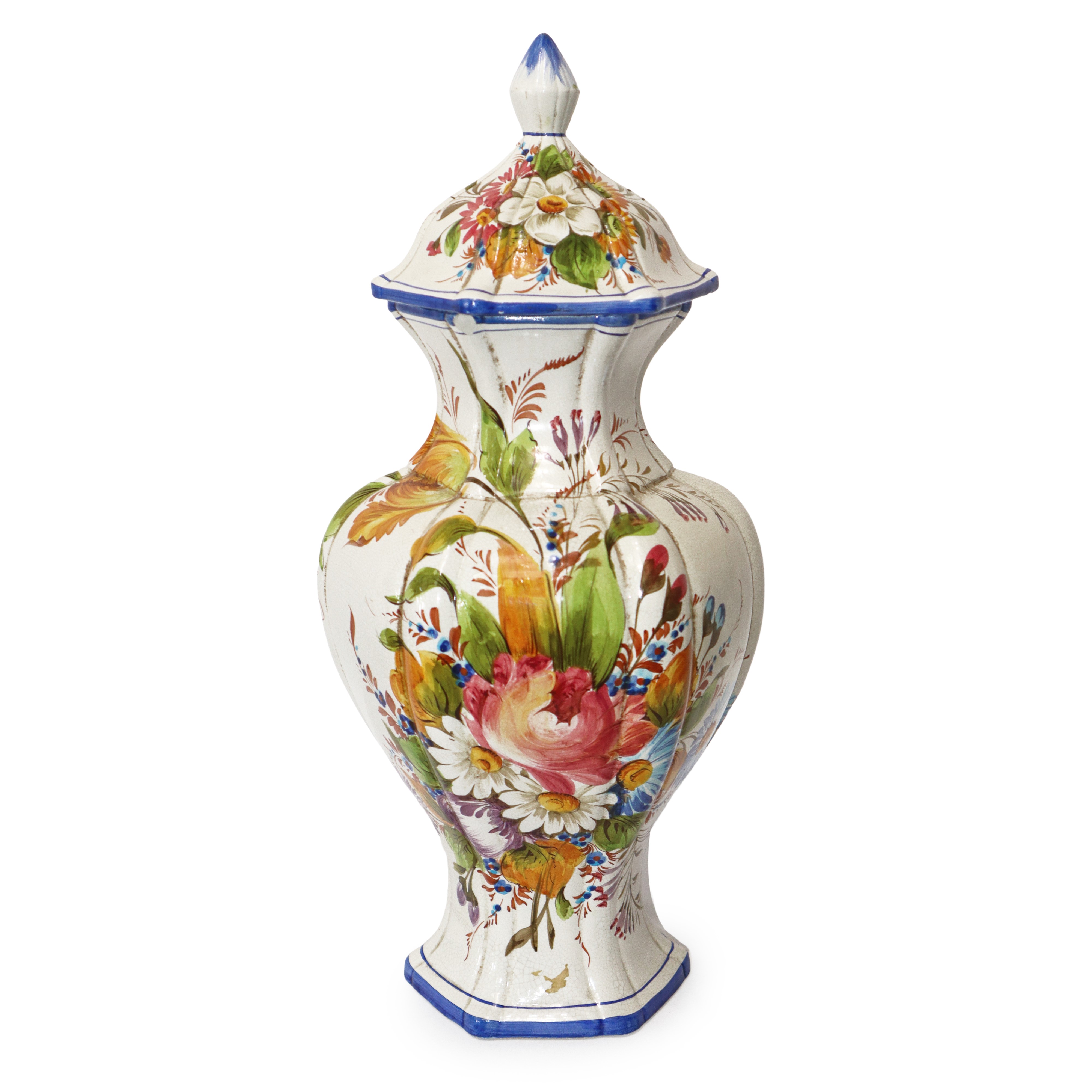 Coppia di Potiche in Ceramica Bianca con Decori Floreali