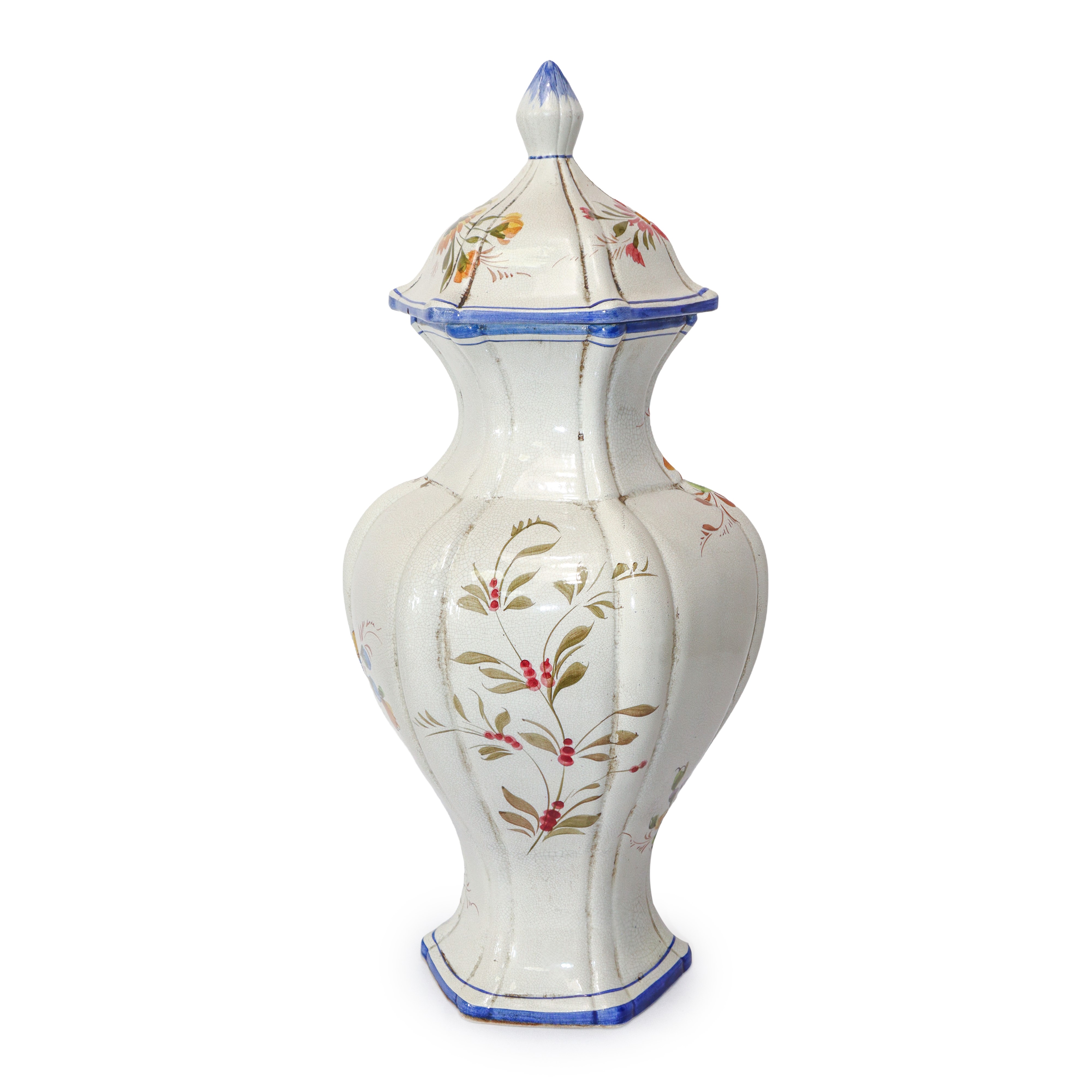 Coppia di Potiche in Ceramica Bianca con Decori Floreali