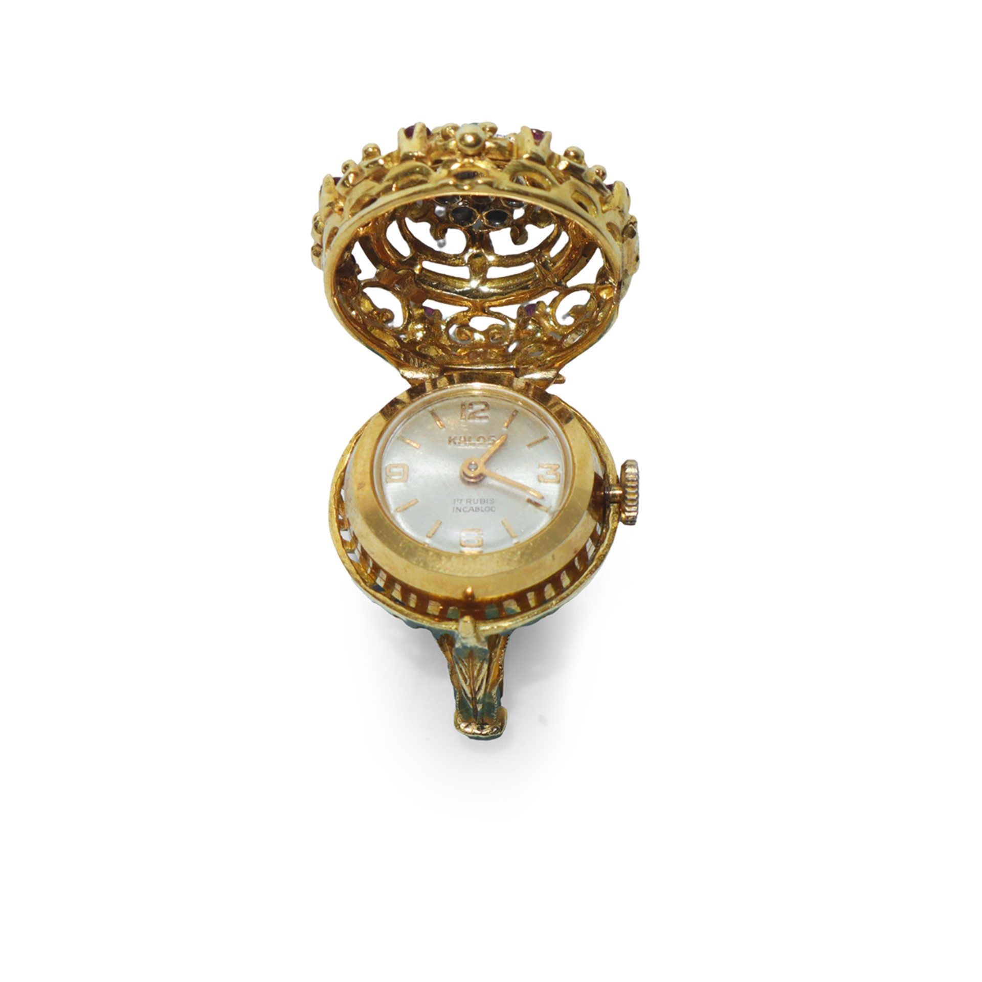 Anello in Oro 18kt con Orologio con Rubini, Smeraldi, Zaffiri e Brillantino Centrale