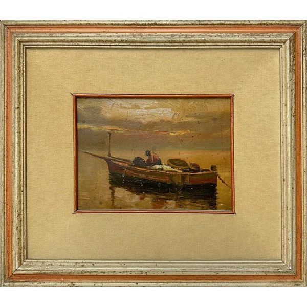 Barca con pescatore, sul retro Case rosa  - Olio su tela - Asta Arte Moderna 10days - Casa d'aste La Rosa