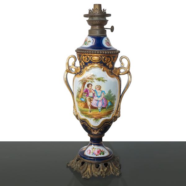 Sevres style porcelain lamp with paintings of children and flowers, without bowl