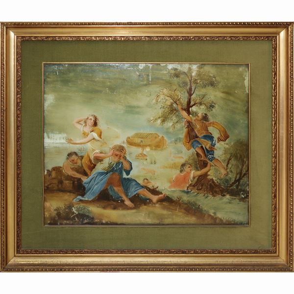 Noah's Ark, painted on glass, broken on the corner