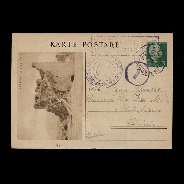 1940 - Italian Occupation, tourist postal card, Filagrana n.11/6, traveled from Elvasan to Catania. Censorship stamps.