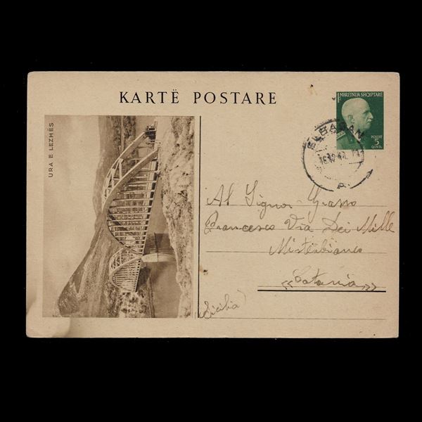 1940 - Occupazione Italiana, cartolina postale turistica, Filagrano n.11/22, viaggiata da Elvasan a Misterbianco.