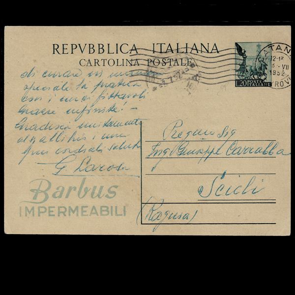 Cartolina postale pubblicitaria: 1951, Impermeabili Barbus, Filagrano n. R9/1 . Reca firma peritale.